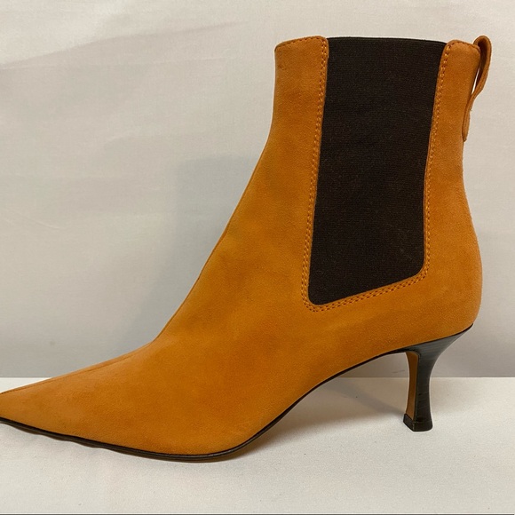 LAMBERTSON TRUEX Orange Suede Pointy Toe Kitten Heels Ankle Boots 36.5 Euro 6 US - Picture 3 of 16